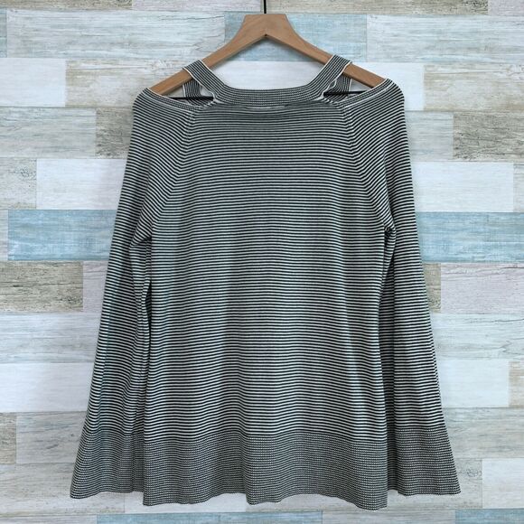LOFT Striped Cutout Swing Sweater Gray White Flared Sleeves Ribbed Womens Medium - Picture 5 of 11